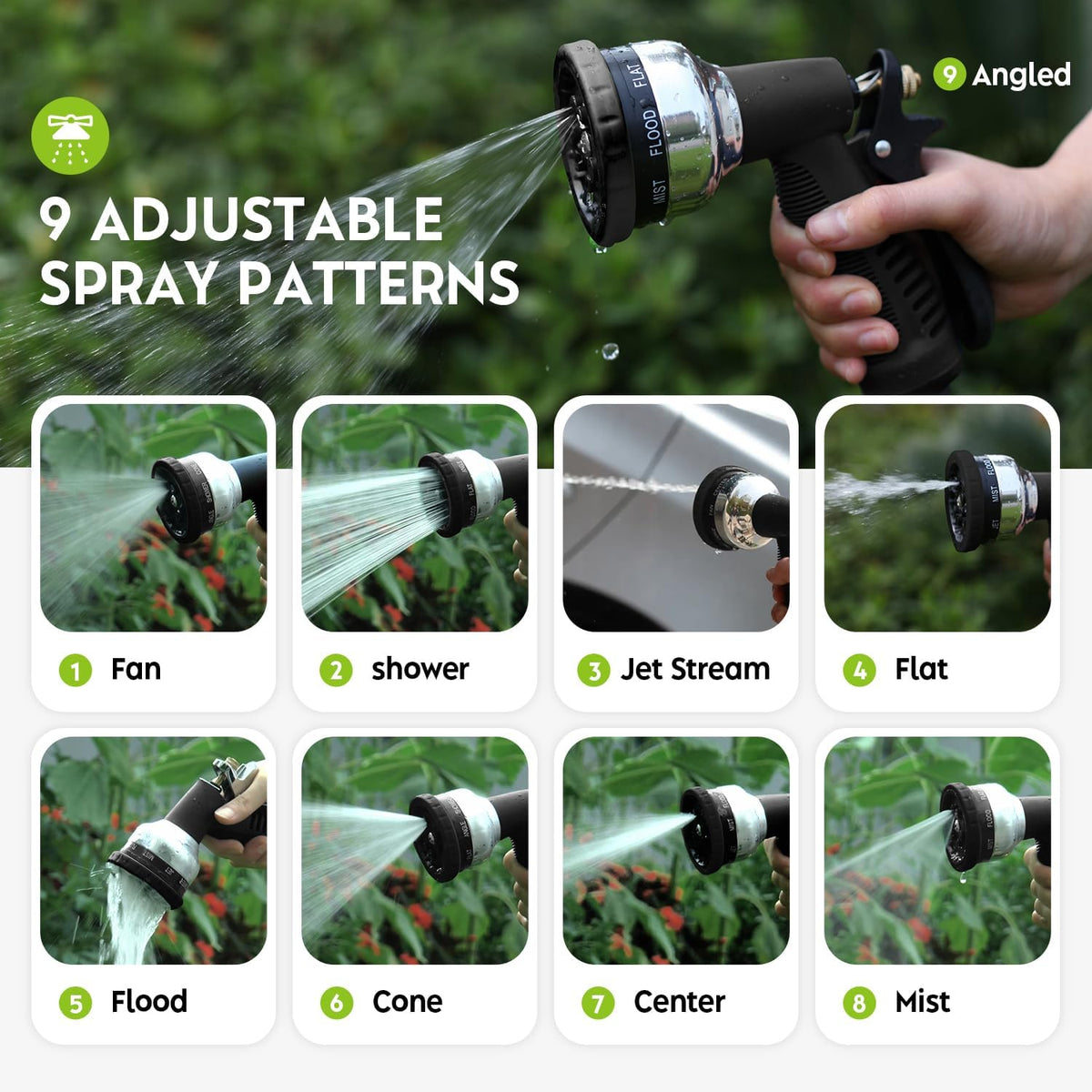 Metal Heavy Duty Water Spray Nozzle with 9 Adjustable Watering Patterns, Garden Hose Nozzle Sprayer for Watering Lawn and Garden,car Washing, Pets.