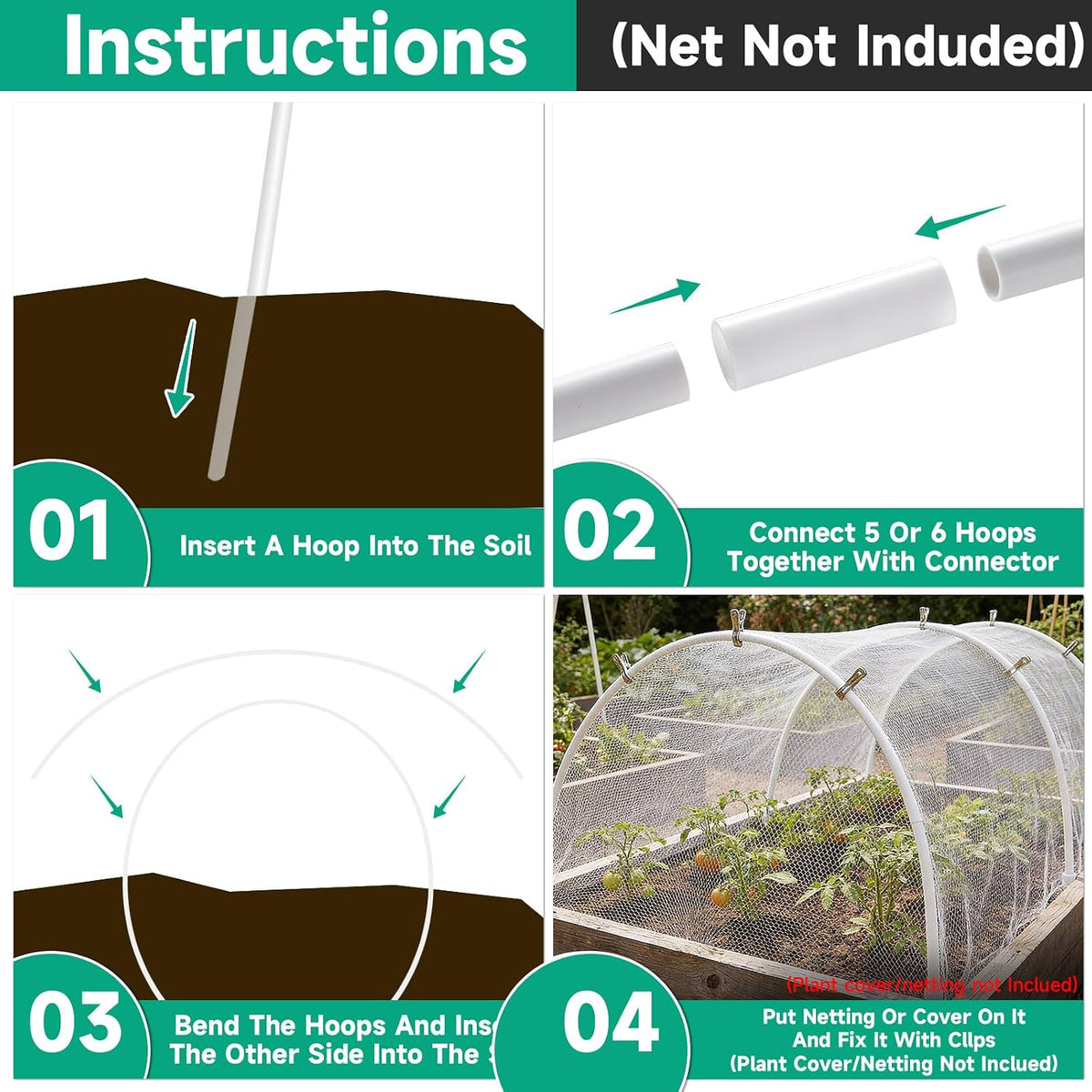 Greenhouse Garden Hoops for Raised Beds Plant Cover Netting, 36pcs PVC Adjustable Garden Hoop with 20 Clips for Shade Cloth Net, Rust-Free Green House Hoops Grow Tunnel Plant Hoop Support DIY Frame