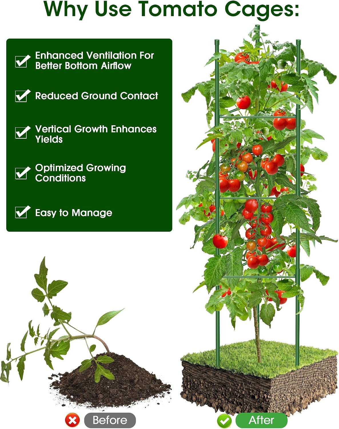 Tomato Cages,6 Pack MQJIAZHI 51.2inch Adjustable - Rust-Proof Tool-Free Trellis for Raised Garden Bed & Climbing Plants