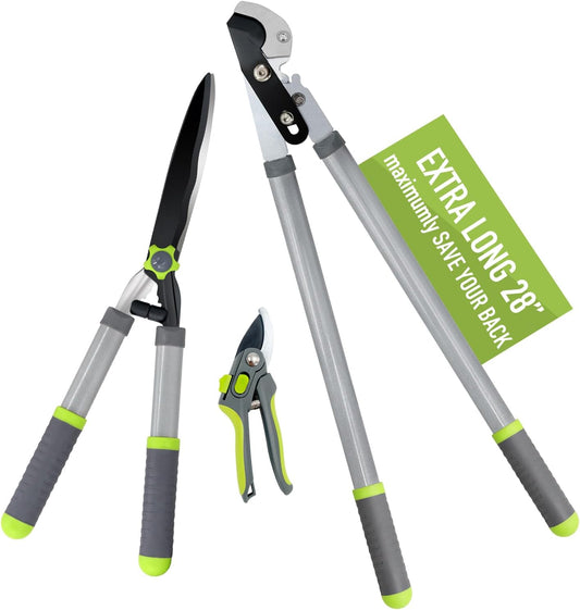Garden Loppers Pruning Shears, Updated 3PCS Hedge Clippers Combo Set, Branch Cutter with Compound Action, Chops Thick High Branch Ease, Professional Tree Trimmer Set Heavy Duty