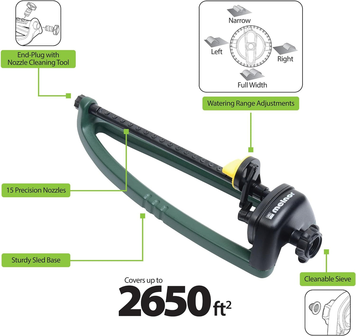 Turbo Oscillating Sprinkler, 2800 Sq Ft: Range Adjustable