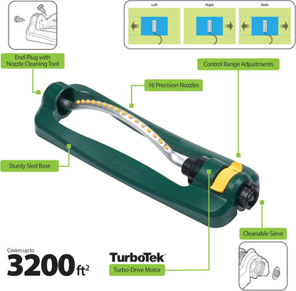 Turbo Oscillating Sprinkler, 2800 Sq Ft: Range Adjustable