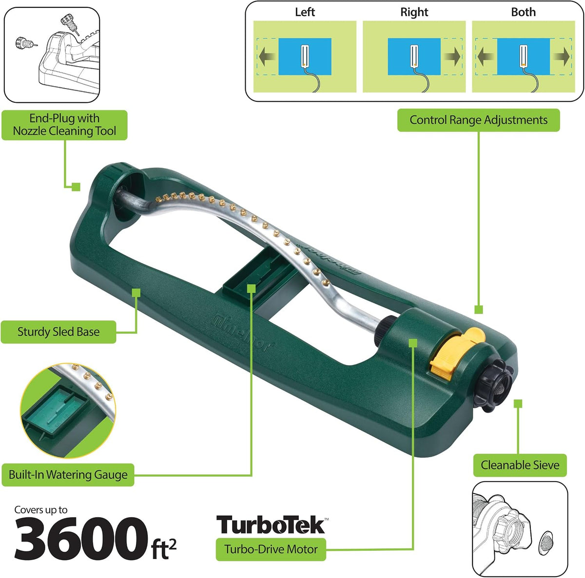 Turbo Oscillating Sprinkler, 2800 Sq Ft: Range Adjustable