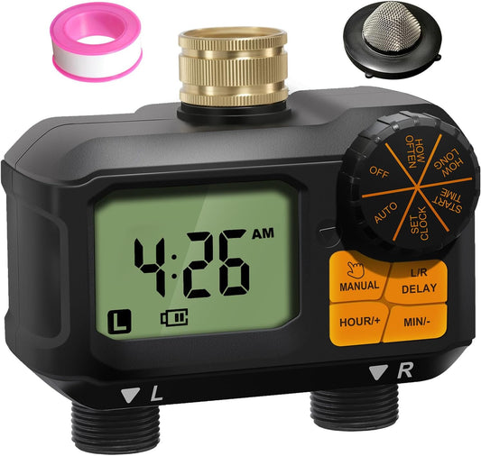 Water Timer for Garden Hose - 2 Zone Timed Sprinkler with Rain Delay/Manual Watering/Automatic Irrigation Programmable Faucet Timer for Yard Lawn (1, Grey) (1, Matte-Black)