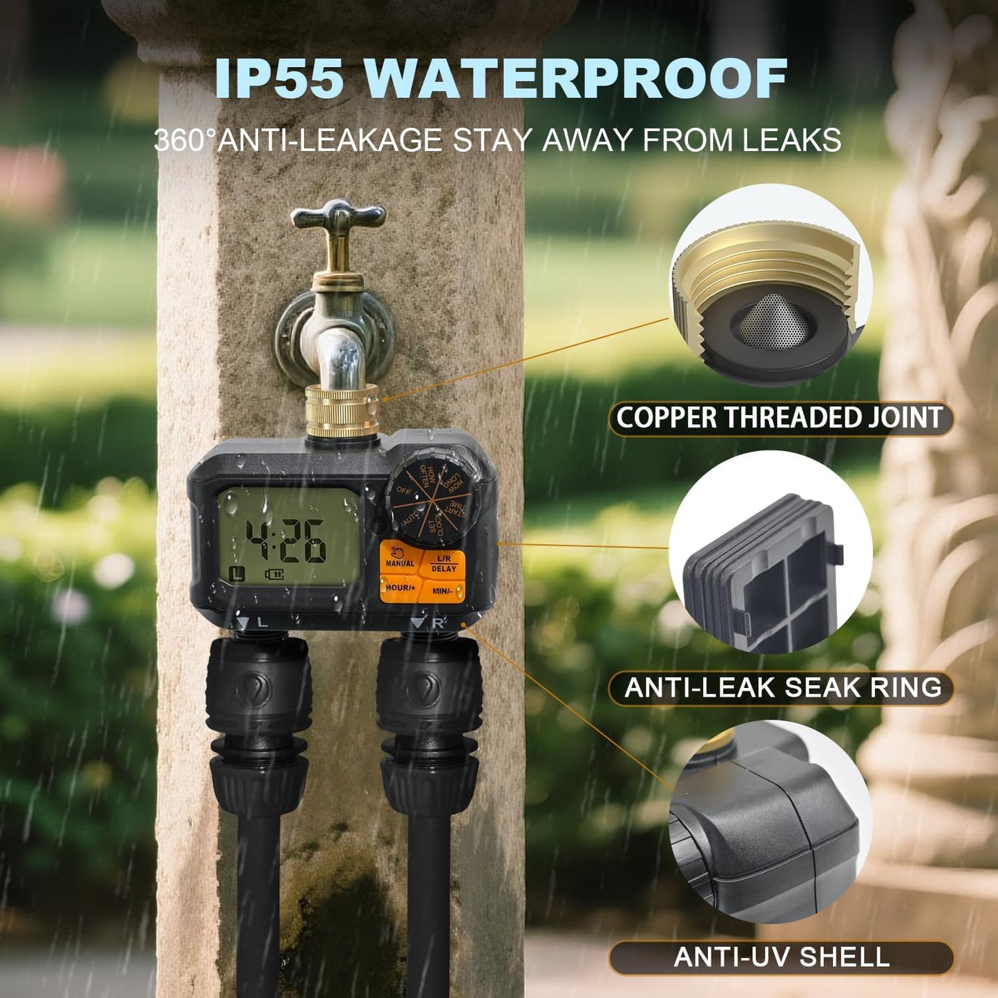 Water Timer for Garden Hose - 2 Zone Timed Sprinkler with Rain Delay/Manual Watering/Automatic Irrigation Programmable Faucet Timer for Yard Lawn (1, Grey) (1, Matte-Black)