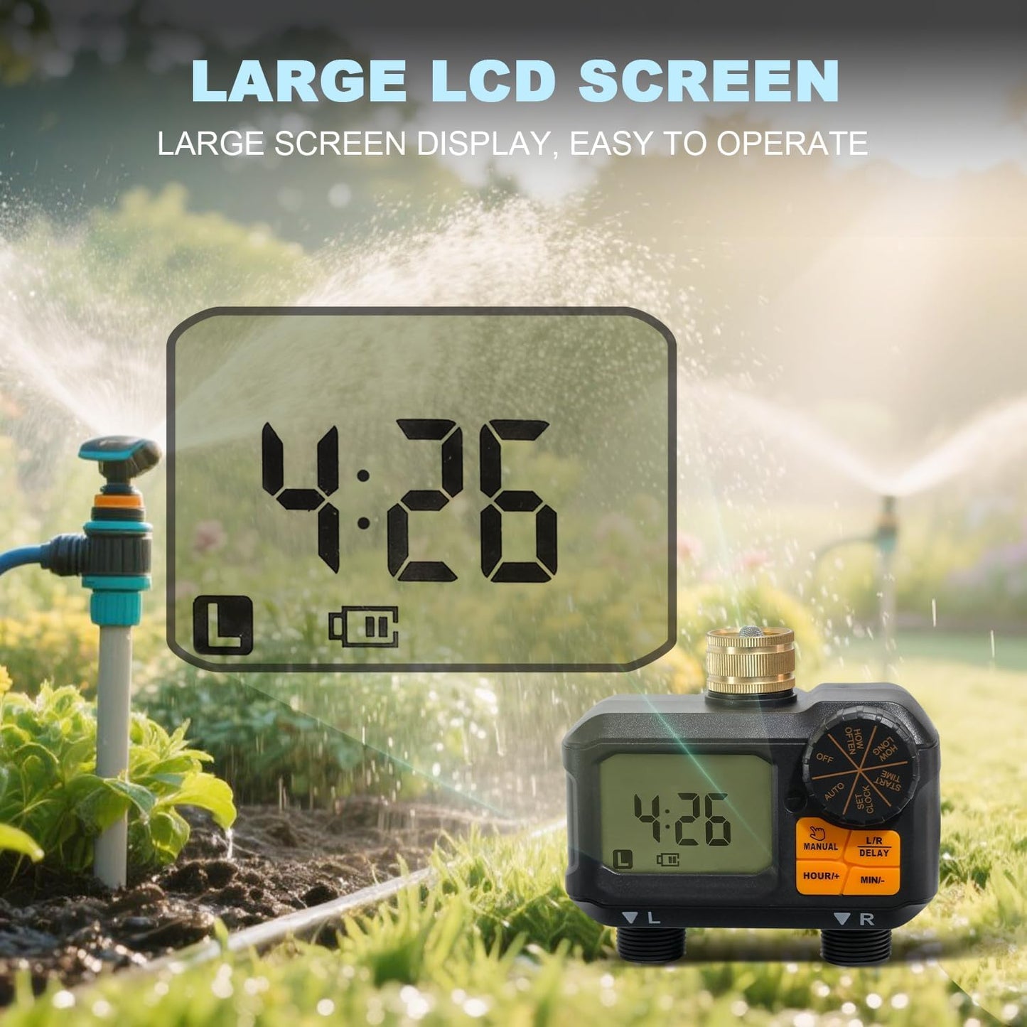 Water Timer for Garden Hose - 2 Zone Timed Sprinkler with Rain Delay/Manual Watering/Automatic Irrigation Programmable Faucet Timer for Yard Lawn (1, Grey) (1, Matte-Black)