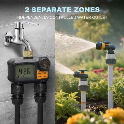 Water Timer for Garden Hose - 2 Zone Timed Sprinkler with Rain Delay/Manual Watering/Automatic Irrigation Programmable Faucet Timer for Yard Lawn (1, Grey) (1, Matte-Black)