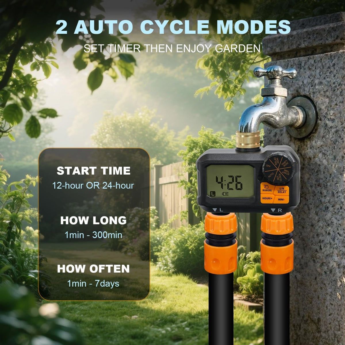 Water Timer for Garden Hose - 2 Zone Timed Sprinkler with Rain Delay/Manual Watering/Automatic Irrigation Programmable Faucet Timer for Yard Lawn (1, Grey) (1, Matte-Black)
