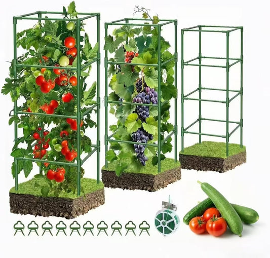 3 Pack Tomato Cages, 42 Inch Heavy Duty Metal Square Tomato Cage for Raised Garden Bed, Rust-Proof Sturdy Tall Tomato Trellis Supports for Climbing Plants Outdoor with Clips Wire