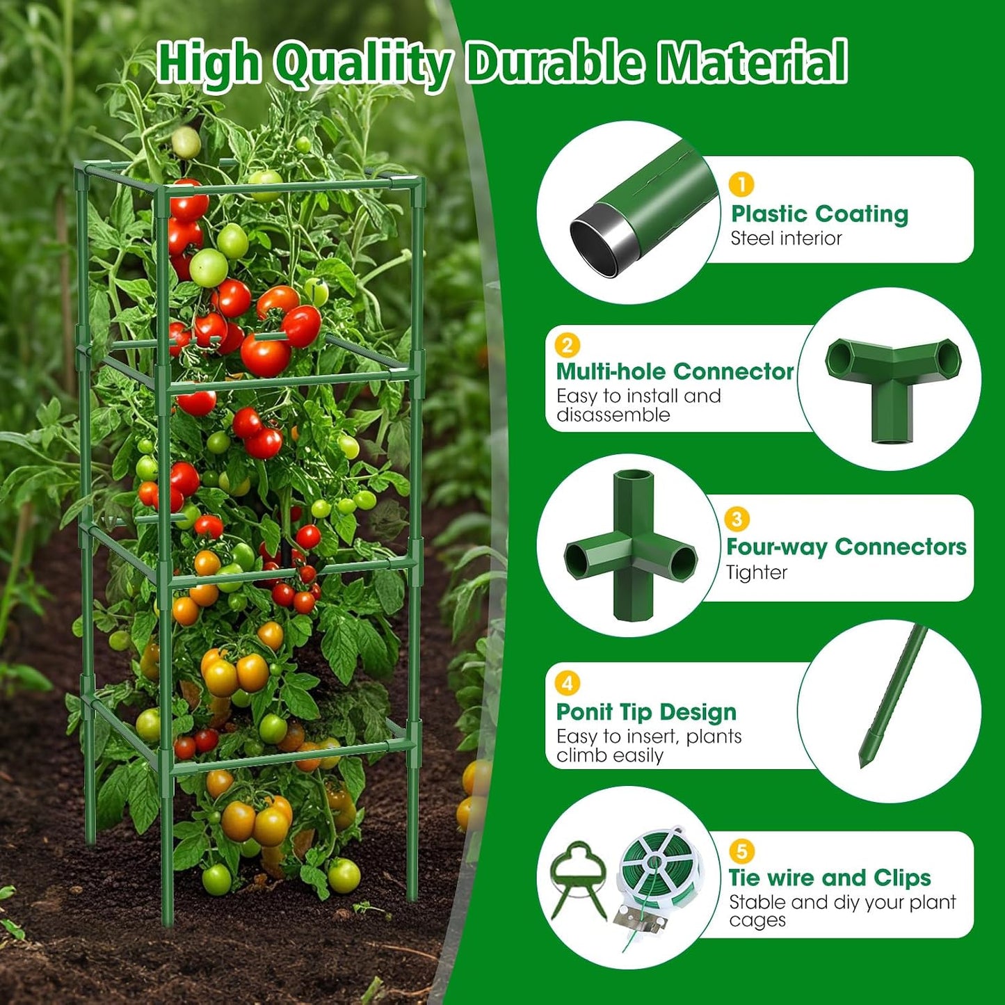 3 Pack Tomato Cages, 42 Inch Heavy Duty Metal Square Tomato Cage for Raised Garden Bed, Rust-Proof Sturdy Tall Tomato Trellis Supports for Climbing Plants Outdoor with Clips Wire