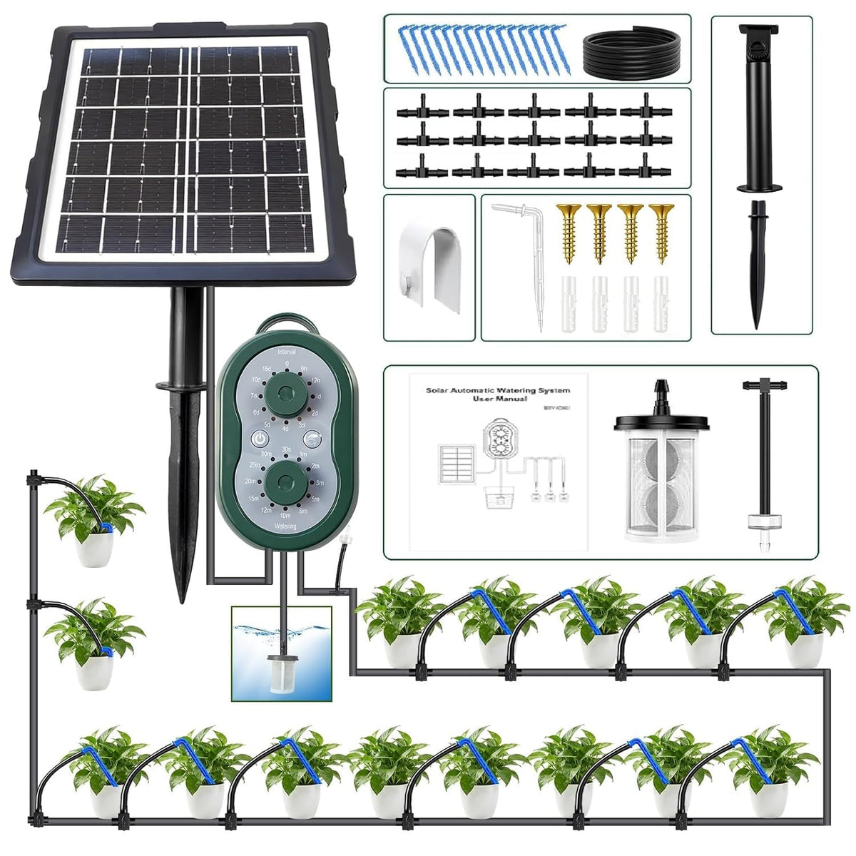 50FT Solar Automatic Drip Irrigation Kit System, Smart Self-Watering System with USB Charging for Outdoor Indoor Use, 2200mAh Automatic Watering System Supports 15 Pots for Garden, Balcony & Patio