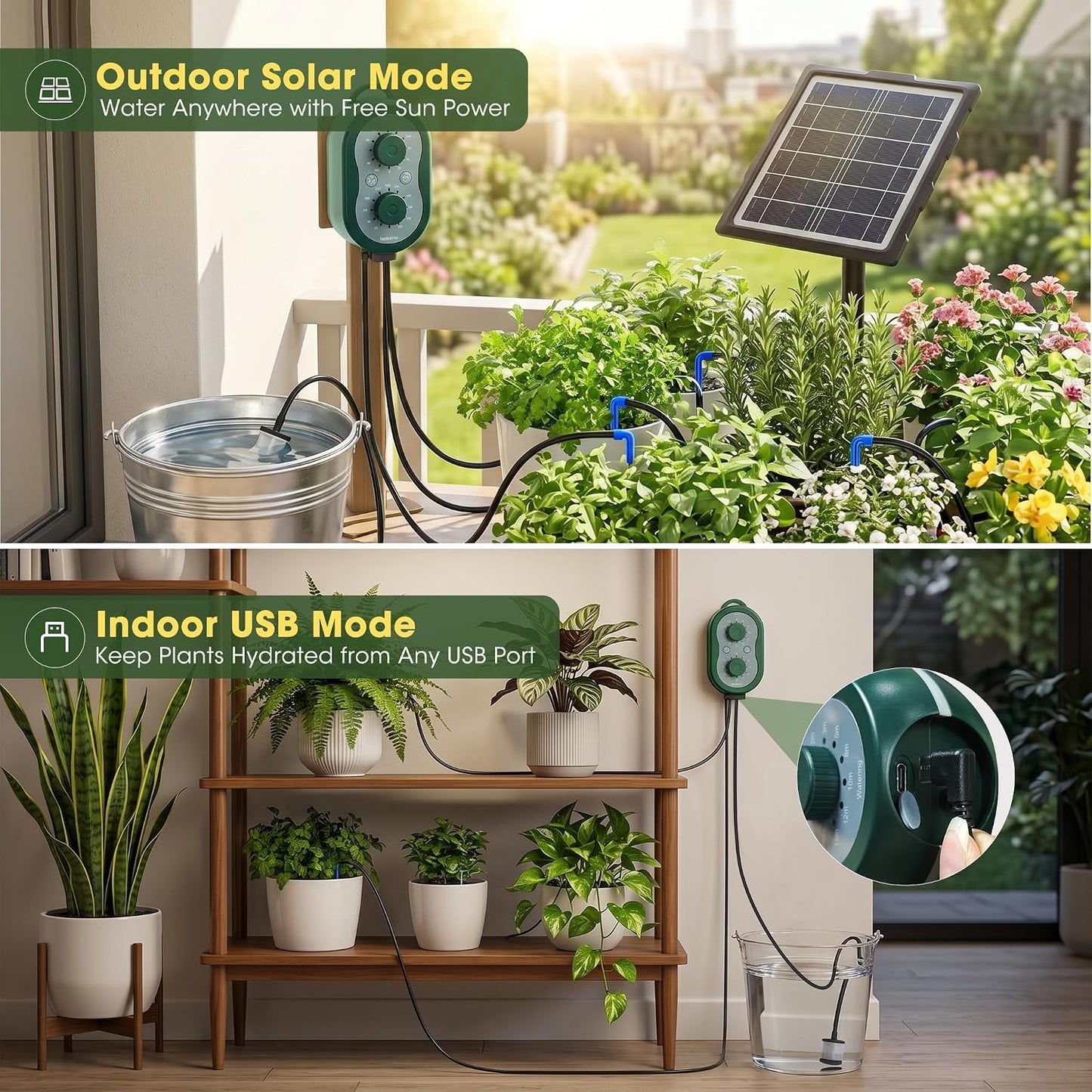 50FT Solar Automatic Drip Irrigation Kit System, Smart Self-Watering System with USB Charging for Outdoor Indoor Use, 2200mAh Automatic Watering System Supports 15 Pots for Garden, Balcony & Patio