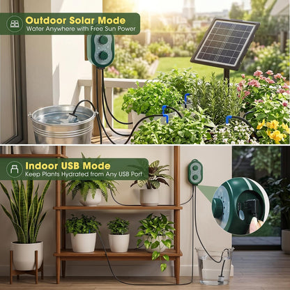 50FT Solar Automatic Drip Irrigation Kit System, Smart Self-Watering System with USB Charging for Outdoor Indoor Use, 2200mAh Automatic Watering System Supports 15 Pots for Garden, Balcony & Patio