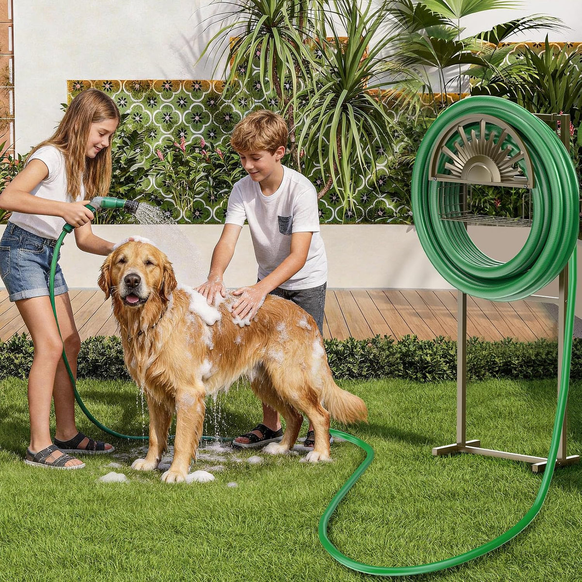 Garden Hose Holder with Faucet Holds 150-Feet Hose for Outside 4 Spikes