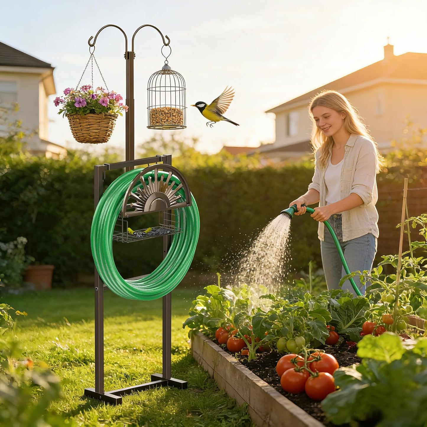 Garden Hose Holder with Faucet Holds 150-Feet Hose for Outside 4 Spikes
