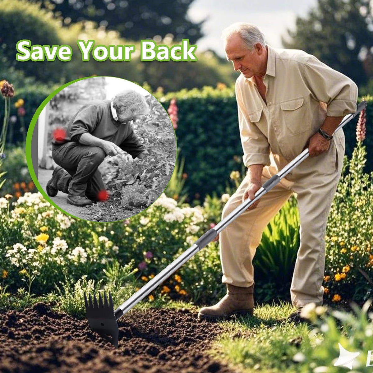 Weed Puller Tool with Long Handle, Hoe Garden Tool & Weed Rake for Weeding