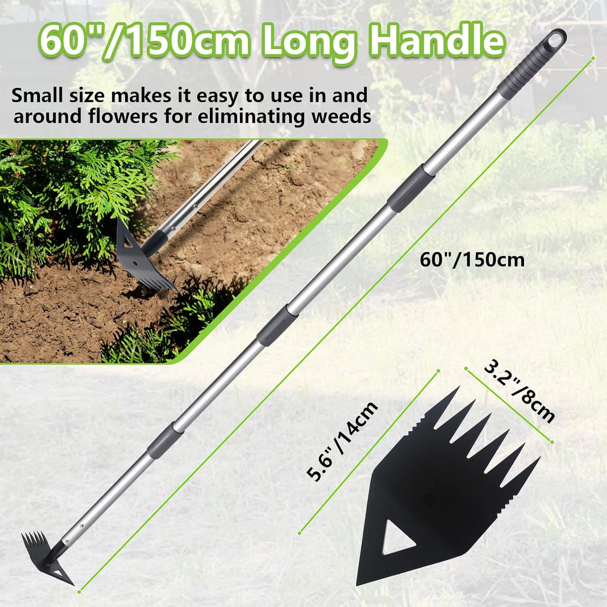 Weed Puller Tool with Long Handle, Hoe Garden Tool & Weed Rake for Weeding