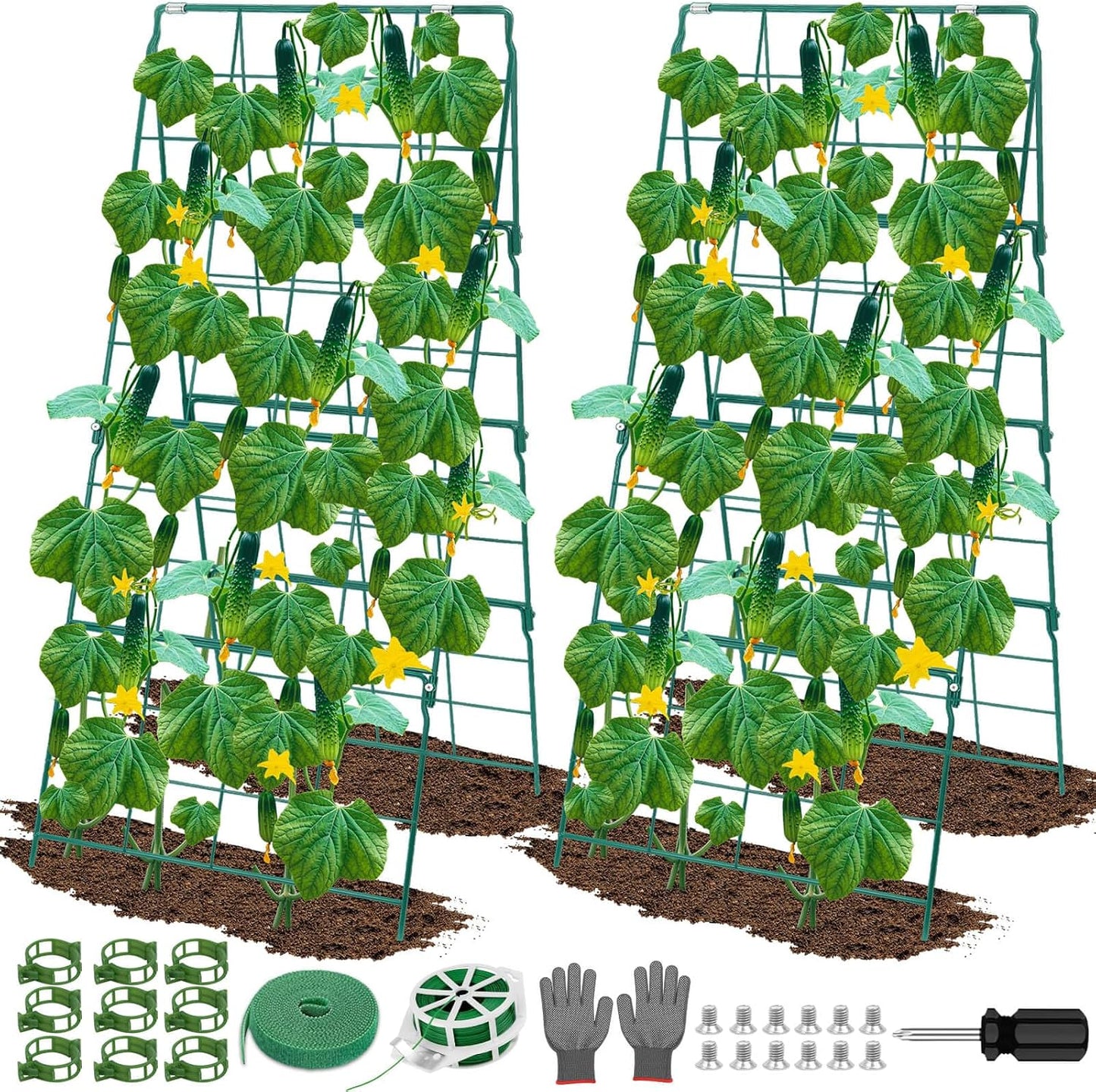 2 Pack Cucumber Trellis for Raised Garden Bed, Outdoor Sturdy Metal A-Frame Cucumber Trellis Support for Climbing Plants Vegetables with Accessories, Easy Installation & Easy Harvesting