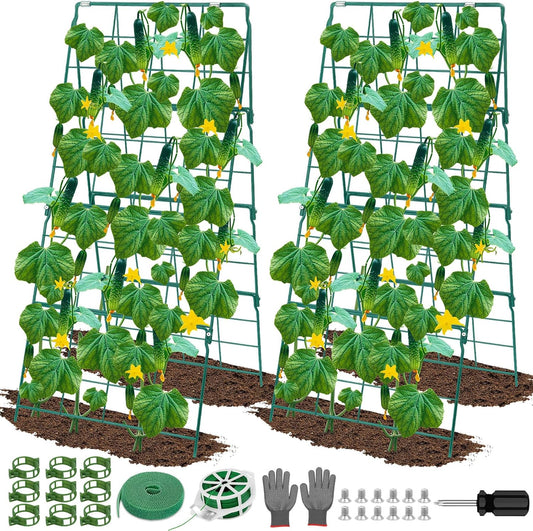 2 Pack Cucumber Trellis for Raised Garden Bed, Outdoor Sturdy Metal A-Frame Cucumber Trellis Support for Climbing Plants Vegetables with Accessories, Easy Installation & Easy Harvesting