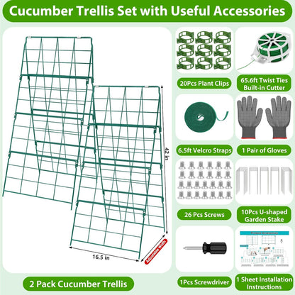 2 Pack Cucumber Trellis for Raised Garden Bed, Outdoor Sturdy Metal A-Frame Cucumber Trellis Support for Climbing Plants Vegetables with Accessories, Easy Installation & Easy Harvesting