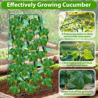 2 Pack Cucumber Trellis for Raised Garden Bed, Outdoor Sturdy Metal A-Frame Cucumber Trellis Support for Climbing Plants Vegetables with Accessories, Easy Installation & Easy Harvesting