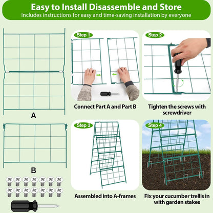 2 Pack Cucumber Trellis for Raised Garden Bed, Outdoor Sturdy Metal A-Frame Cucumber Trellis Support for Climbing Plants Vegetables with Accessories, Easy Installation & Easy Harvesting