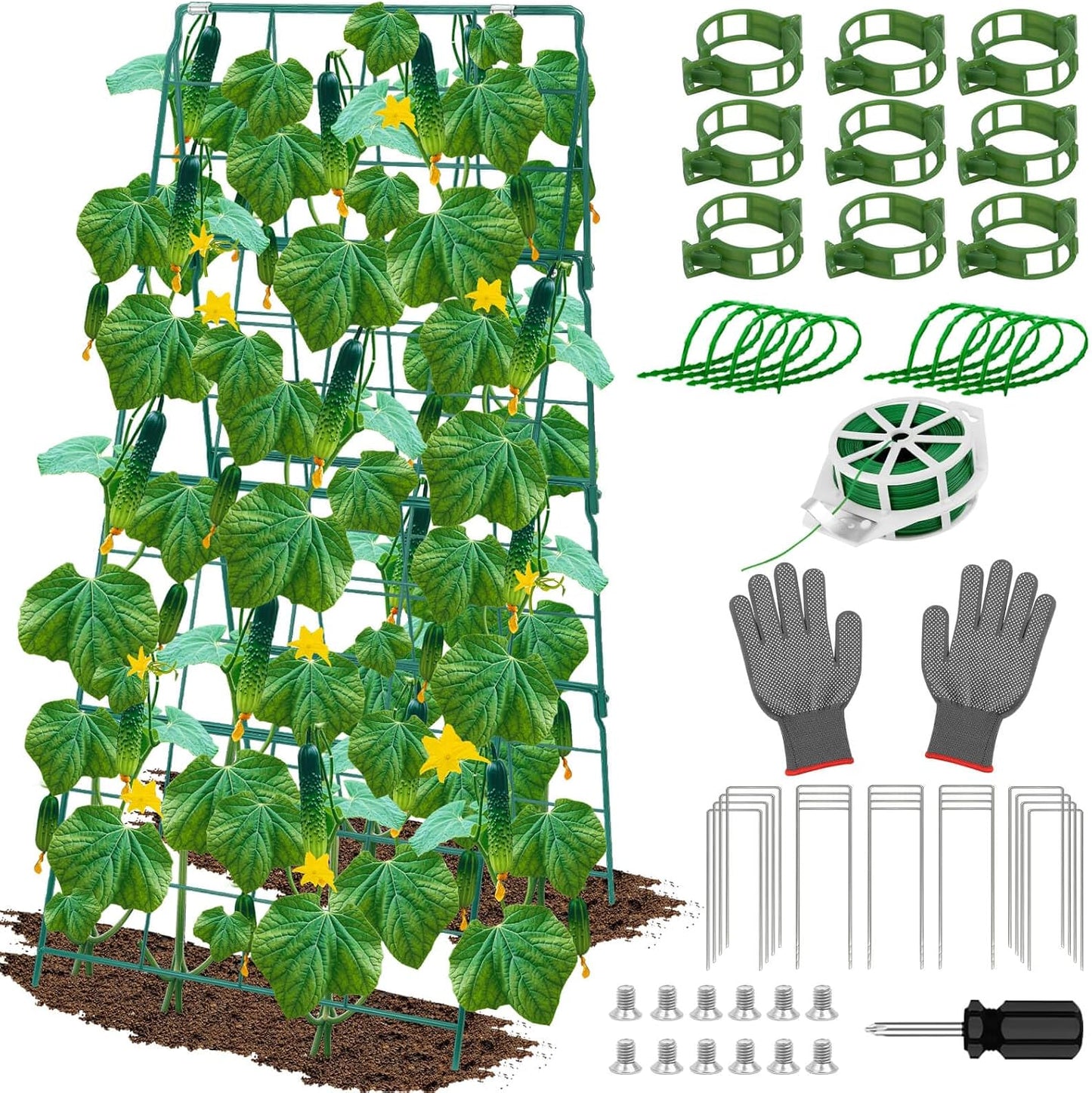 2 Pack Cucumber Trellis for Raised Garden Bed, Outdoor Sturdy Metal A-Frame Cucumber Trellis Support for Climbing Plants Vegetables with Accessories, Easy Installation & Easy Harvesting
