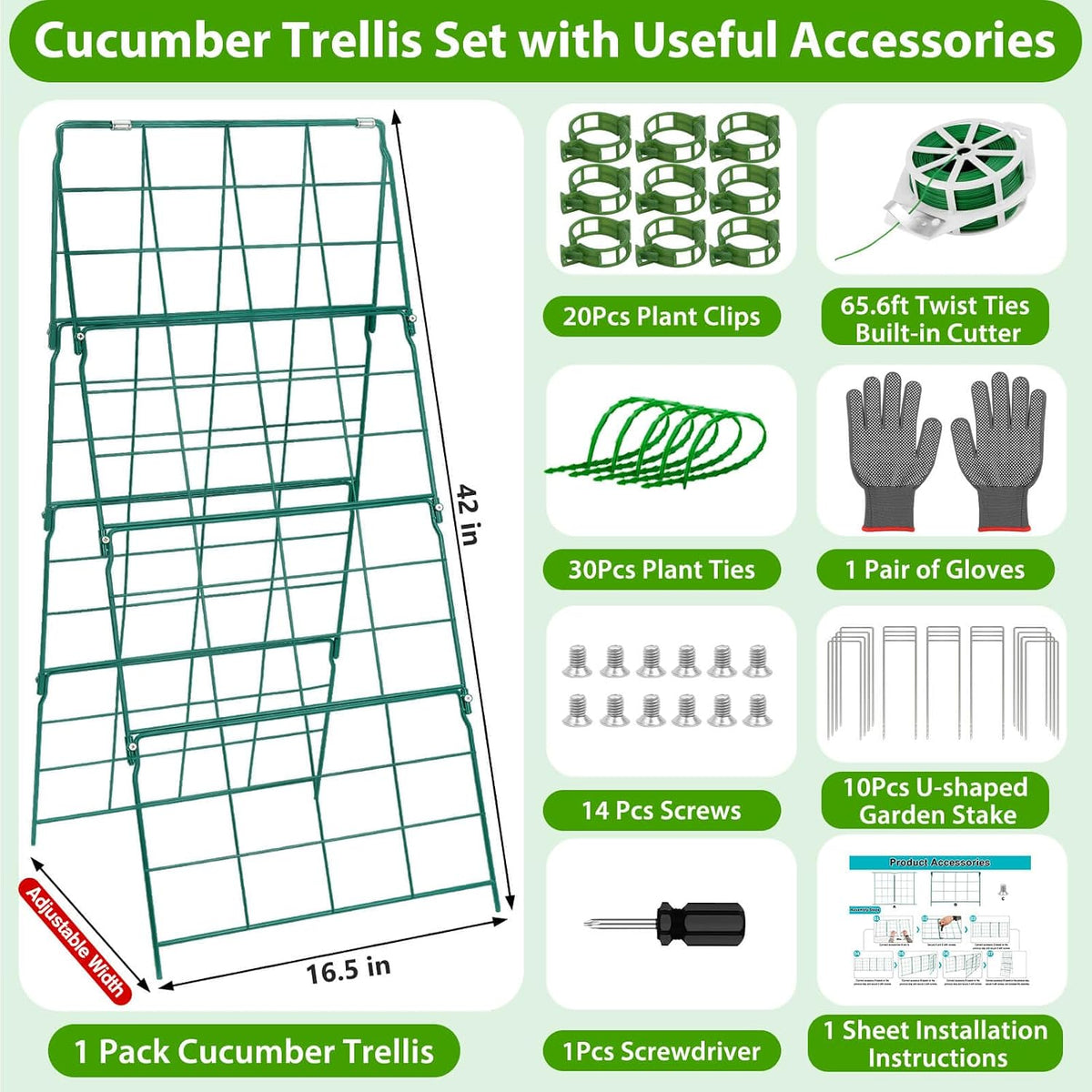 2 Pack Cucumber Trellis for Raised Garden Bed, Outdoor Sturdy Metal A-Frame Cucumber Trellis Support for Climbing Plants Vegetables with Accessories, Easy Installation & Easy Harvesting