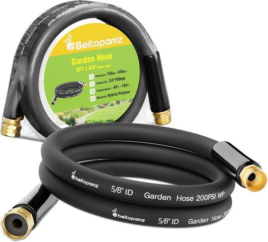 Beitopamz Short Garden Hose 5 ft x 5/8 in Male to Female Heavy Duty Small Water Hose Extender Connector, Lightweight Rubber Hybrid Leader Hose, Leak-Free Connections, 3/4'' Brass Fittings, Black