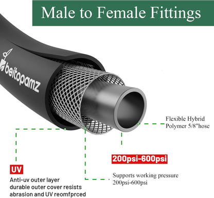 Beitopamz Short Garden Hose 5 ft x 5/8 in Male to Female Heavy Duty Small Water Hose Extender Connector, Lightweight Rubber Hybrid Leader Hose, Leak-Free Connections, 3/4'' Brass Fittings, Black