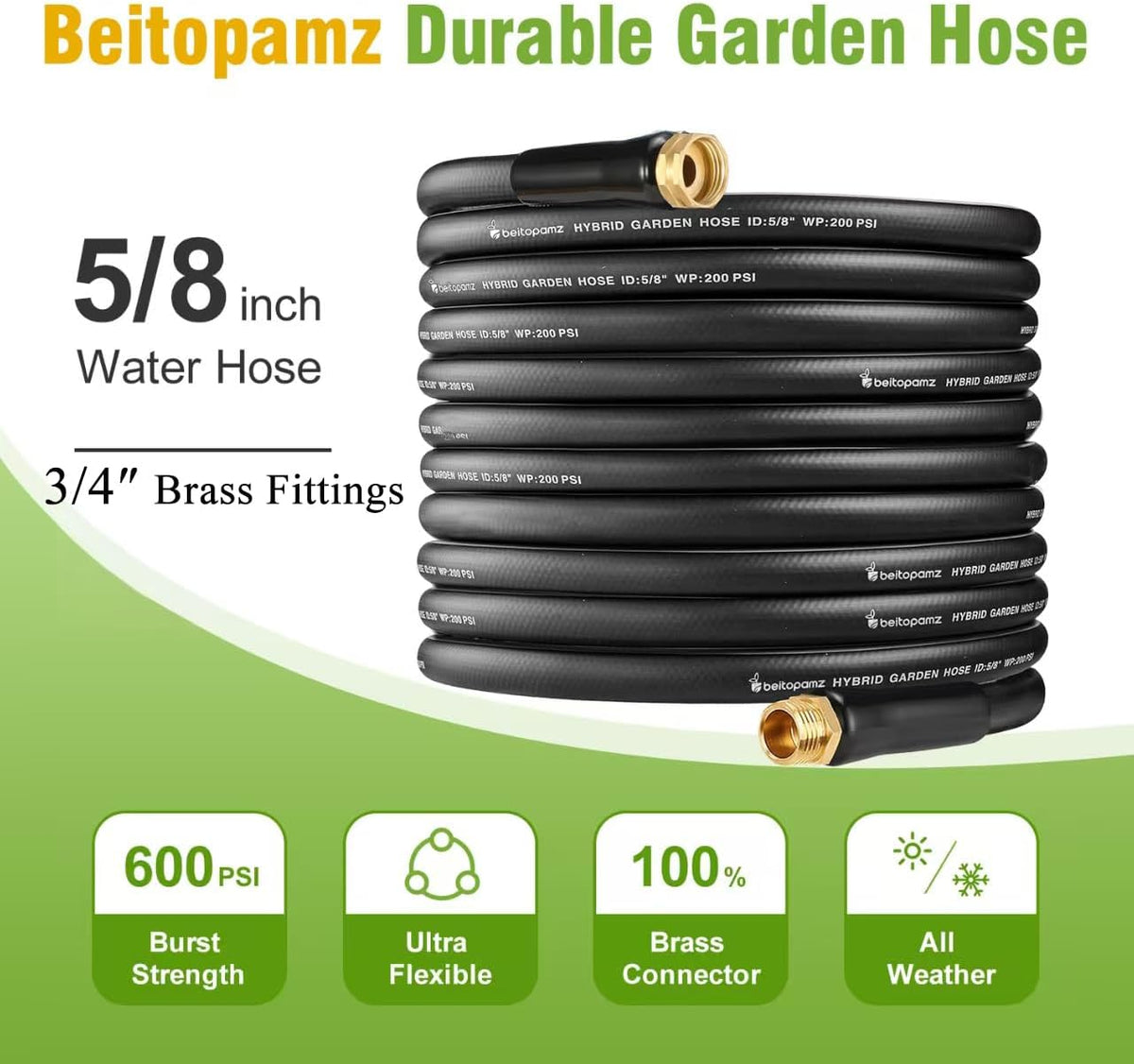 Beitopamz Short Garden Hose 5 ft x 5/8 in Male to Female Heavy Duty Small Water Hose Extender Connector, Lightweight Rubber Hybrid Leader Hose, Leak-Free Connections, 3/4'' Brass Fittings, Black