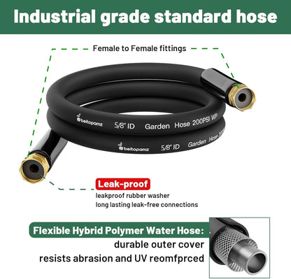 Beitopamz Short Garden Hose 5 ft x 5/8 in Male to Female Heavy Duty Small Water Hose Extender Connector, Lightweight Rubber Hybrid Leader Hose, Leak-Free Connections, 3/4'' Brass Fittings, Black