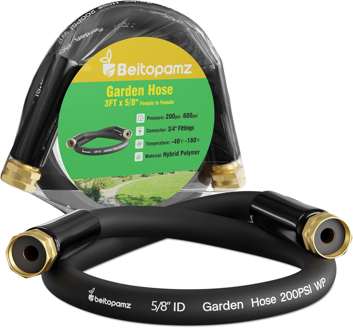 Beitopamz Short Garden Hose 5 ft x 5/8 in Male to Female Heavy Duty Small Water Hose Extender Connector, Lightweight Rubber Hybrid Leader Hose, Leak-Free Connections, 3/4'' Brass Fittings, Black