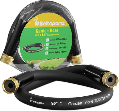 Beitopamz Short Garden Hose 5 ft x 5/8 in Male to Female Heavy Duty Small Water Hose Extender Connector, Lightweight Rubber Hybrid Leader Hose, Leak-Free Connections, 3/4'' Brass Fittings, Black