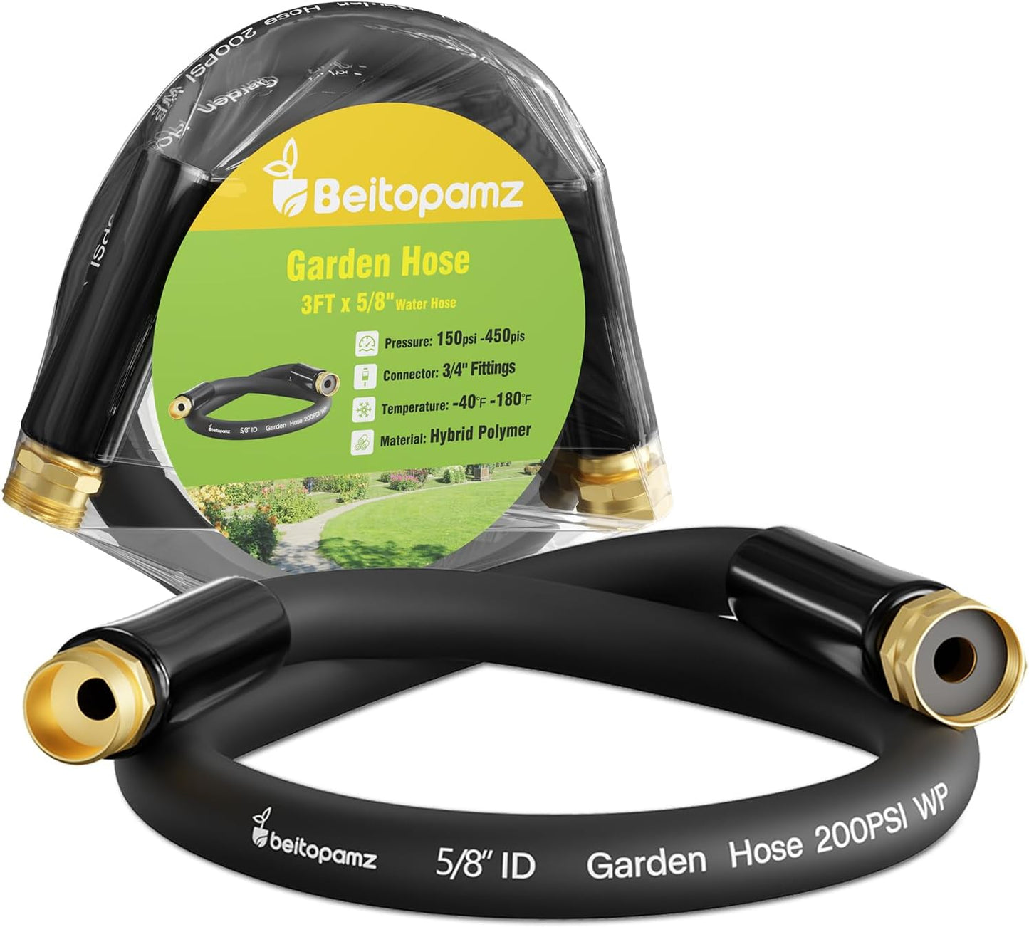 Beitopamz Short Garden Hose 5 ft x 5/8 in Male to Female Heavy Duty Small Water Hose Extender Connector, Lightweight Rubber Hybrid Leader Hose, Leak-Free Connections, 3/4'' Brass Fittings, Black