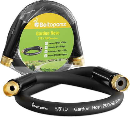 Beitopamz Short Garden Hose 5 ft x 5/8 in Male to Female Heavy Duty Small Water Hose Extender Connector, Lightweight Rubber Hybrid Leader Hose, Leak-Free Connections, 3/4'' Brass Fittings, Black