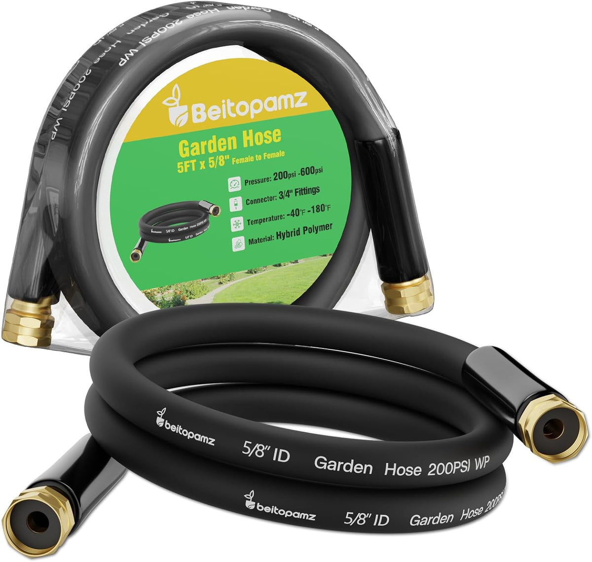 Beitopamz Short Garden Hose 5 ft x 5/8 in Male to Female Heavy Duty Small Water Hose Extender Connector, Lightweight Rubber Hybrid Leader Hose, Leak-Free Connections, 3/4'' Brass Fittings, Black