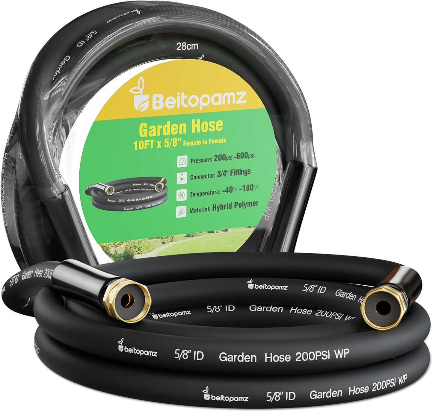 Beitopamz Short Garden Hose 5 ft x 5/8 in Male to Female Heavy Duty Small Water Hose Extender Connector, Lightweight Rubber Hybrid Leader Hose, Leak-Free Connections, 3/4'' Brass Fittings, Black