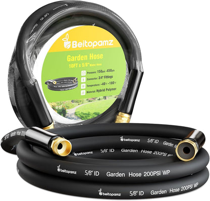 Beitopamz Short Garden Hose 5 ft x 5/8 in Male to Female Heavy Duty Small Water Hose Extender Connector, Lightweight Rubber Hybrid Leader Hose, Leak-Free Connections, 3/4'' Brass Fittings, Black