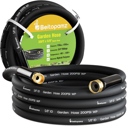 Beitopamz Short Garden Hose 5 ft x 5/8 in Male to Female Heavy Duty Small Water Hose Extender Connector, Lightweight Rubber Hybrid Leader Hose, Leak-Free Connections, 3/4'' Brass Fittings, Black