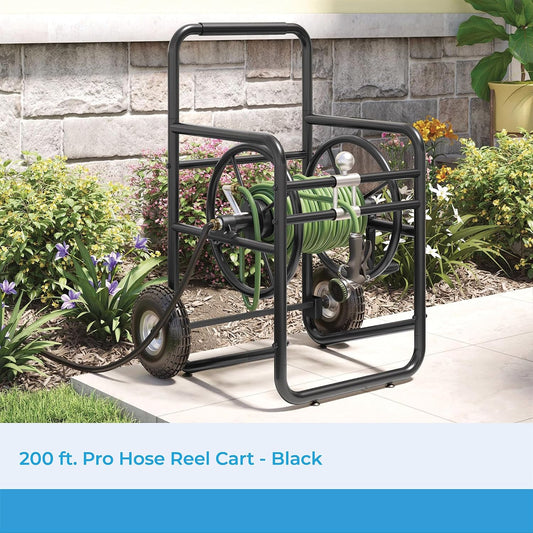 200' Pro Hose Reel Cart with Flat-Free Rubber Tires, Outdoor Weather-Resistant Steel Garden Hose Reel Cart, 200' of 5/8" Hose Capacity, Made in the USA