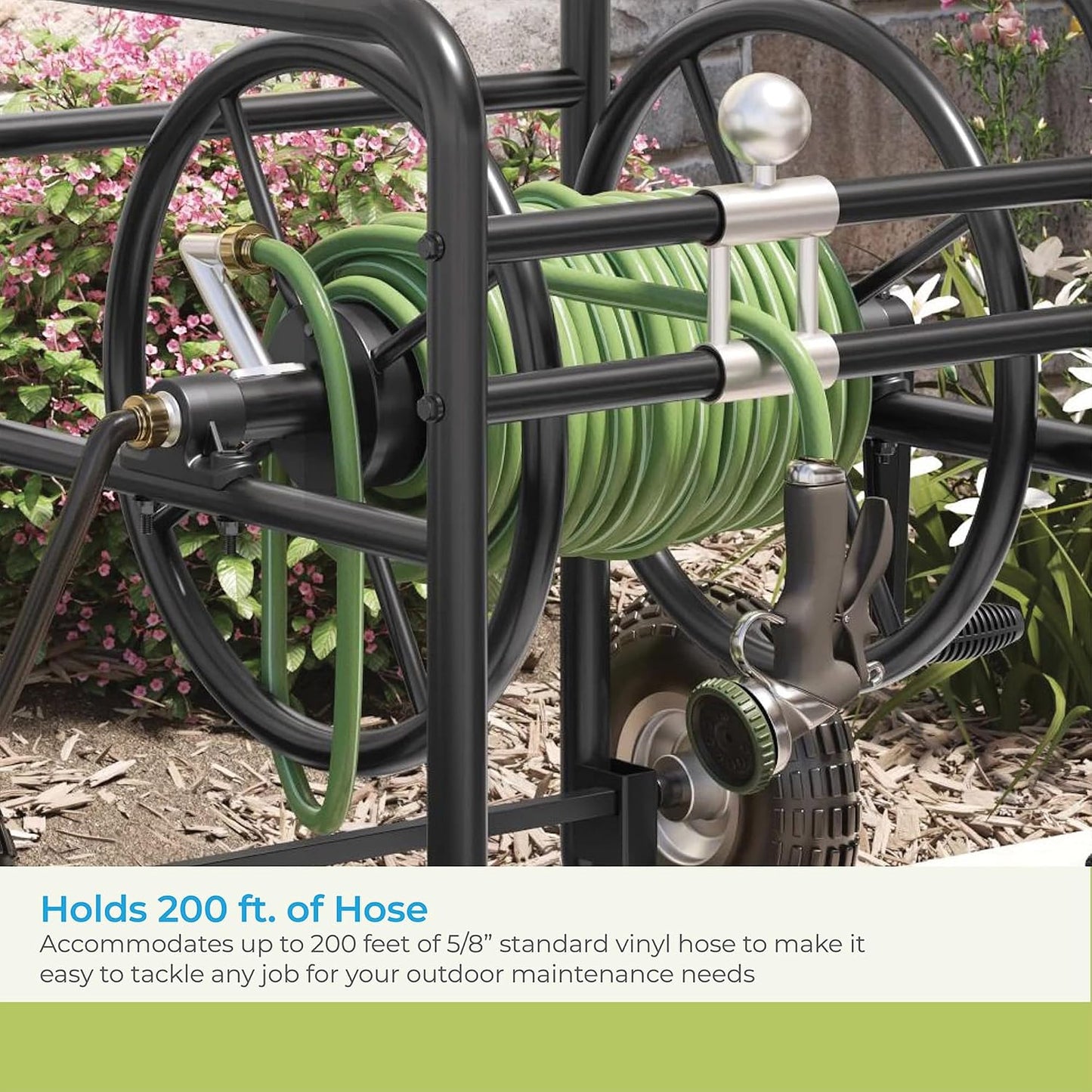 200' Pro Hose Reel Cart with Flat-Free Rubber Tires, Outdoor Weather-Resistant Steel Garden Hose Reel Cart, 200' of 5/8" Hose Capacity, Made in the USA