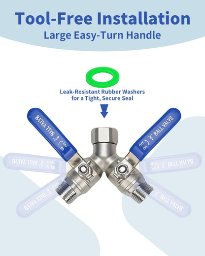 304 Stainless Steel Garden Hose Splitter 2 Way Heavy Duty, Y Valve Water Hose Splitter with Full Flow, Long Handle, 3/4" GHT Thread for Outdoor Faucet