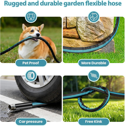 Garden Hose Water Hose 100ft Lightweight Flexible, Kink-Free Outdoor 3/4" Rustproof Metal Fittings, 10-Pattern 360° Rotating Spray Nozzle for Yard Lawn Car Wash