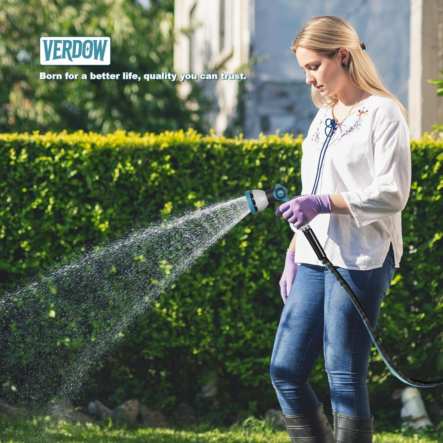Garden Hose Water Hose 100ft Lightweight Flexible, Kink-Free Outdoor 3/4" Rustproof Metal Fittings, 10-Pattern 360° Rotating Spray Nozzle for Yard Lawn Car Wash