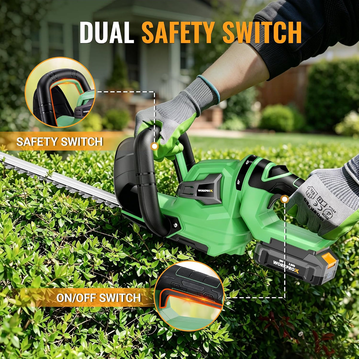 WORKPROX 20V Cordless Hedge Trimmer with Battery, 18'' Dual-Action Blade