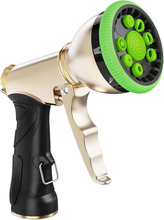 Garden Hose Nozzle, Metal Hose Sprayer Nozzle With 9 Adjustable Spray Patterns, Heavy Duty Hose Sprayer for Watering Plants, Lawns, Car Wash, Pet Washing (Green)