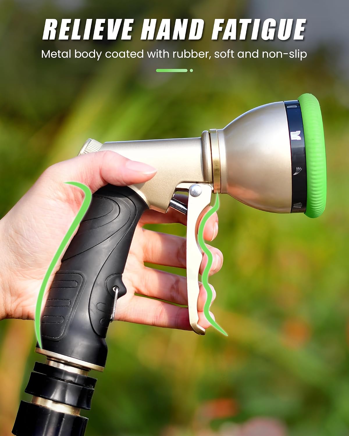 Garden Hose Nozzle, Metal Hose Sprayer Nozzle With 9 Adjustable Spray Patterns, Heavy Duty Hose Sprayer for Watering Plants, Lawns, Car Wash, Pet Washing (Green)
