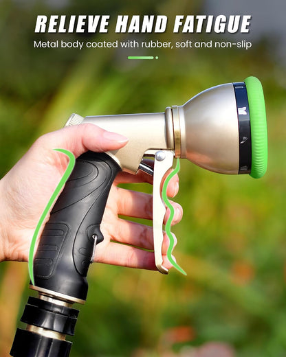 Garden Hose Nozzle, Metal Hose Sprayer Nozzle With 9 Adjustable Spray Patterns, Heavy Duty Hose Sprayer for Watering Plants, Lawns, Car Wash, Pet Washing (Green)