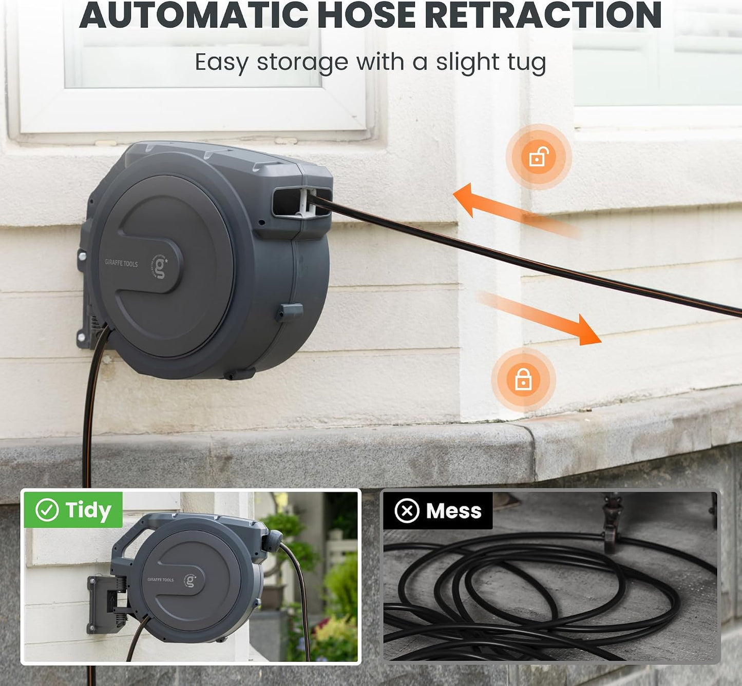 Retractable Garden Hose Reel 5/8" 90FT Auto Rewind Wall Mount